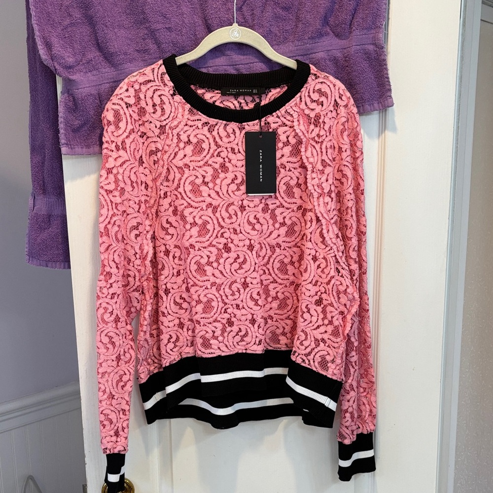 NWT Zara Pink Lace Top  with Black Trim